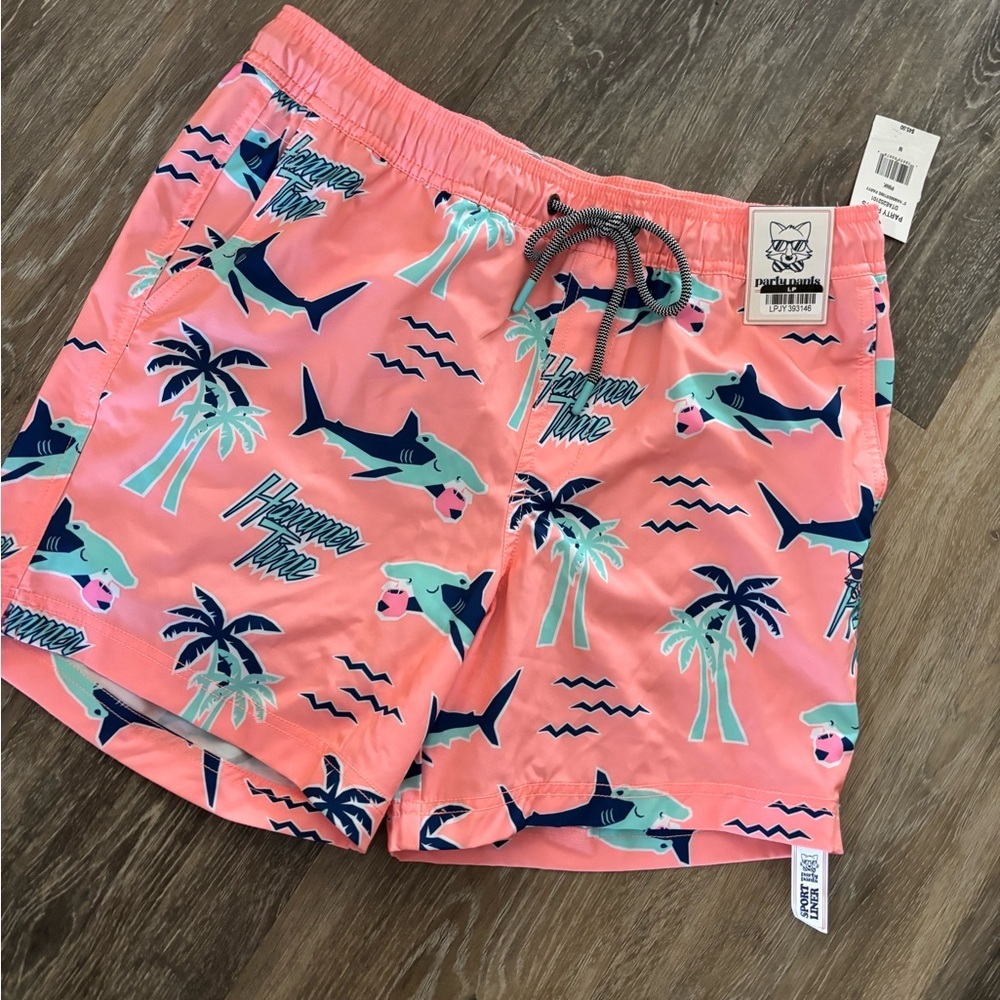 Mens Pink 'Hammer Time' Shark Print Swim Shorts by Party Pants Sz Med
